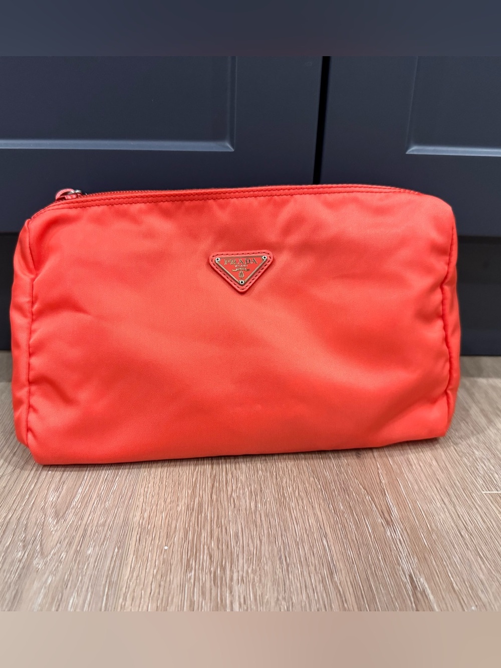 Prada Red-Orange Nylon Cosmetic Pouch with Triangle Logo
